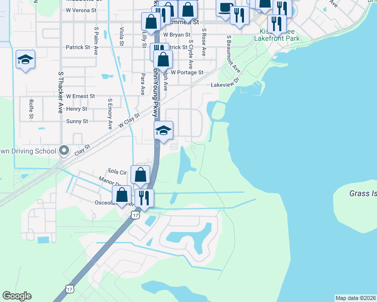 map of restaurants, bars, coffee shops, grocery stores, and more near 1000 South Clyde Avenue in Kissimmee