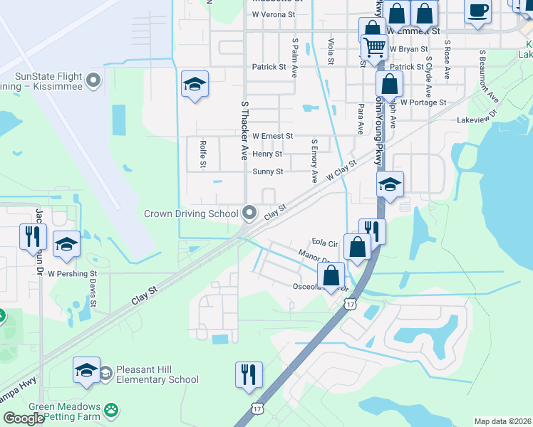 map of restaurants, bars, coffee shops, grocery stores, and more near 1849 Clay Street in Kissimmee