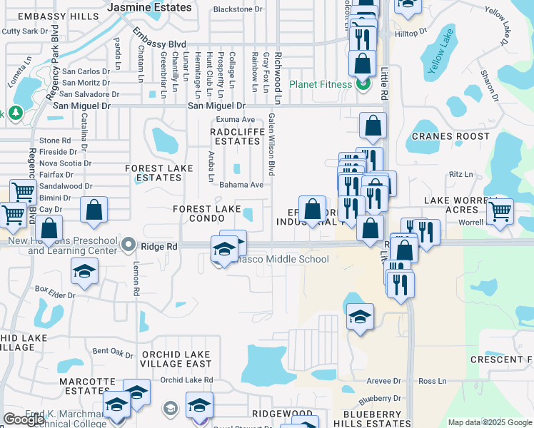map of restaurants, bars, coffee shops, grocery stores, and more near 7969 Ridge Road in Port Richey