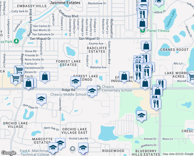 map of restaurants, bars, coffee shops, grocery stores, and more near 7838 Radcliffe Circle in Port Richey