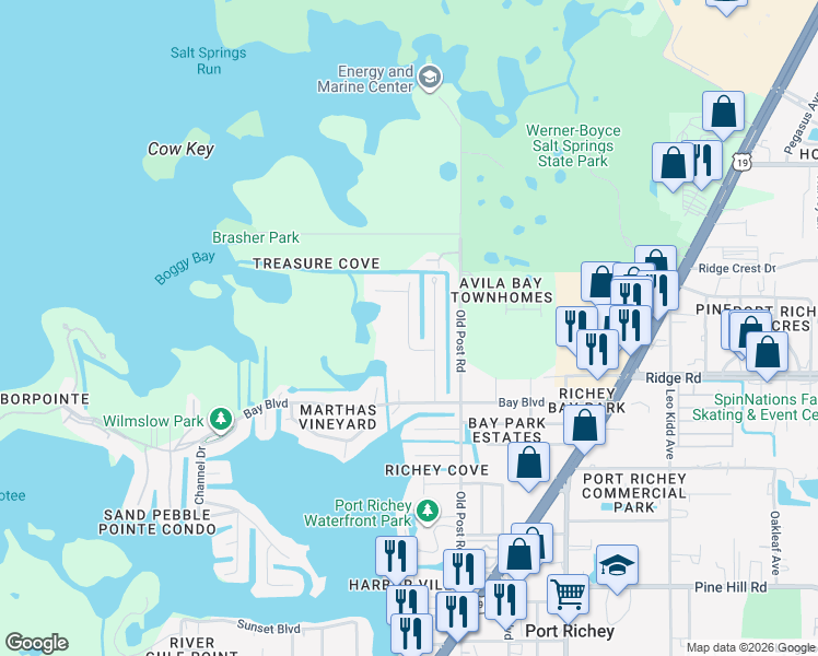 map of restaurants, bars, coffee shops, grocery stores, and more near 8627 Betty Street in Port Richey