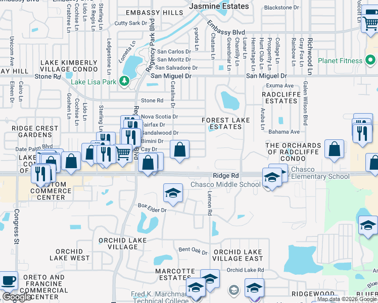 map of restaurants, bars, coffee shops, grocery stores, and more near 7348 Cay Drive in Port Richey