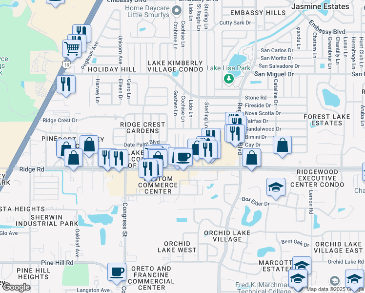 map of restaurants, bars, coffee shops, grocery stores, and more near 8616 Frontier Trail in Port Richey
