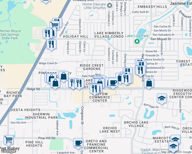 map of restaurants, bars, coffee shops, grocery stores, and more near 8620 Roble Way in Port Richey