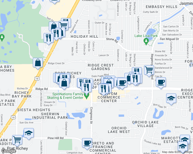 map of restaurants, bars, coffee shops, grocery stores, and more near 8620 Congress Street in Port Richey