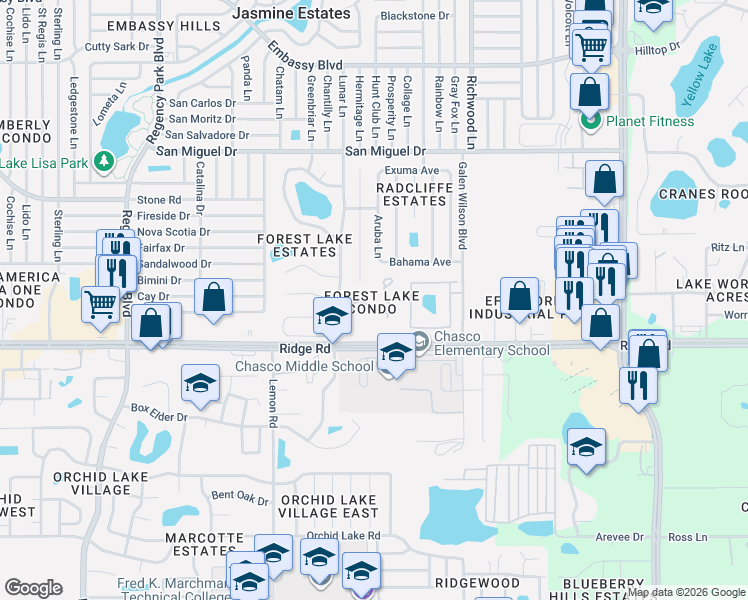map of restaurants, bars, coffee shops, grocery stores, and more near 7725 Forest Trail in Port Richey