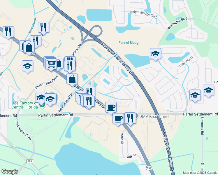 map of restaurants, bars, coffee shops, grocery stores, and more near 2413 Academy Circle East in Kissimmee