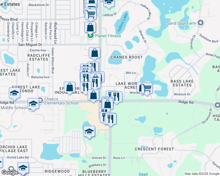 map of restaurants, bars, coffee shops, grocery stores, and more near 8502 Adonis Road in New Port Richey