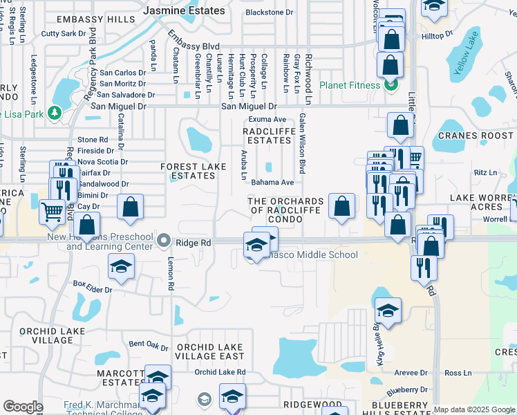 map of restaurants, bars, coffee shops, grocery stores, and more near in Jasmine Estates