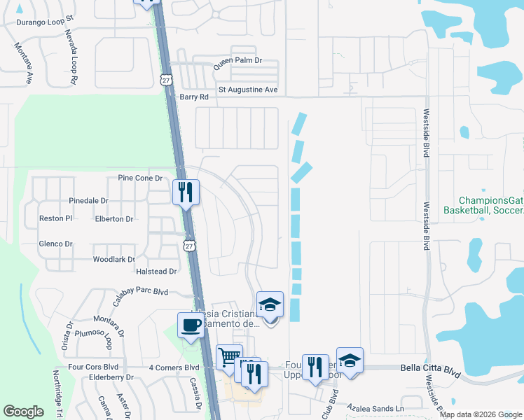 map of restaurants, bars, coffee shops, grocery stores, and more near 2615 Tranquila Lane in Davenport