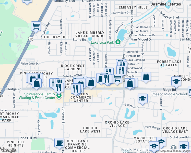 map of restaurants, bars, coffee shops, grocery stores, and more near 8608 Pioneer Trail in Port Richey