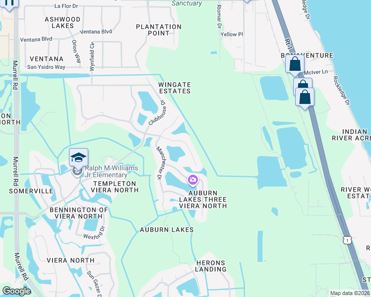 map of restaurants, bars, coffee shops, grocery stores, and more near 1247 Auburn Lakes Drive in Rockledge