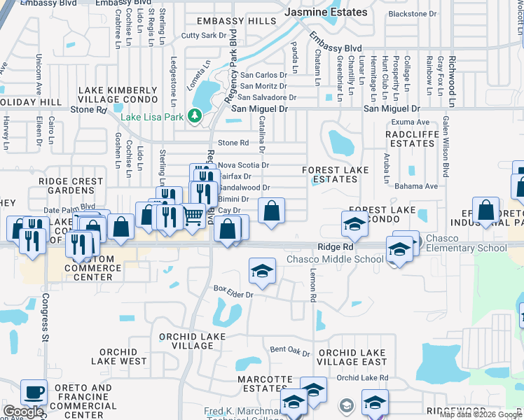 map of restaurants, bars, coffee shops, grocery stores, and more near Cay Drive in Port Richey