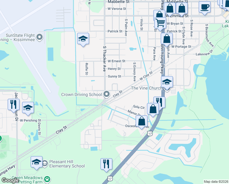 map of restaurants, bars, coffee shops, grocery stores, and more near 1849 Clay Street in Kissimmee