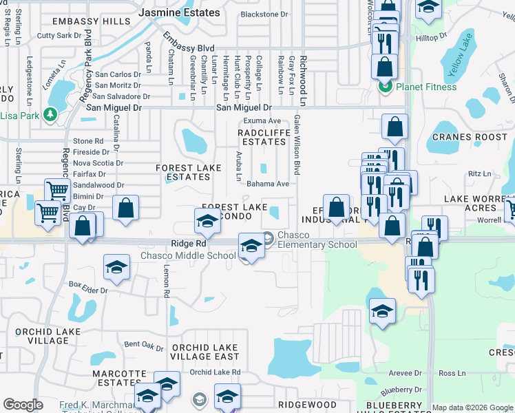 map of restaurants, bars, coffee shops, grocery stores, and more near 7838 Radcliffe Circle in Port Richey