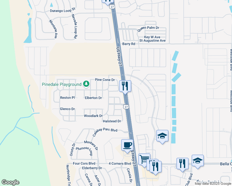 map of restaurants, bars, coffee shops, grocery stores, and more near 170 Pine Cone Drive in Davenport