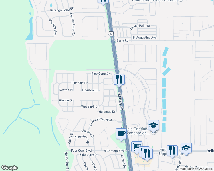 map of restaurants, bars, coffee shops, grocery stores, and more near 170 Pine Cone Drive in Davenport