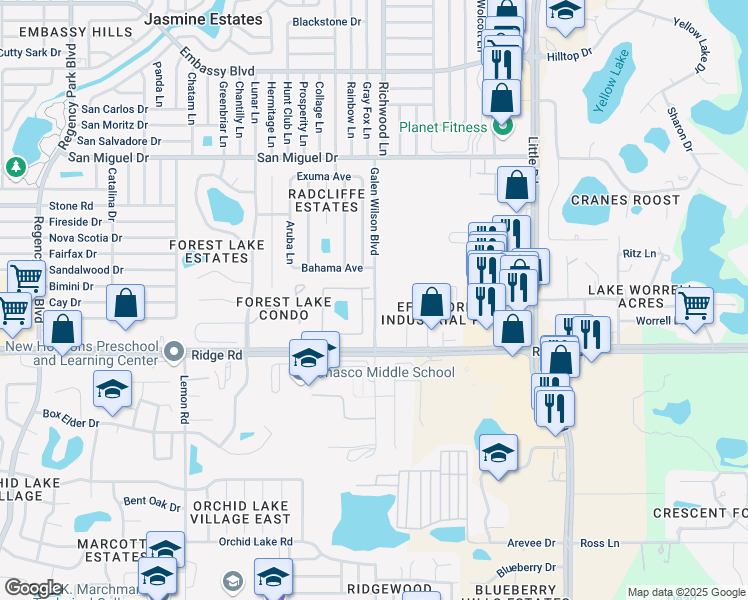 map of restaurants, bars, coffee shops, grocery stores, and more near 7969 Ridge Road in Port Richey