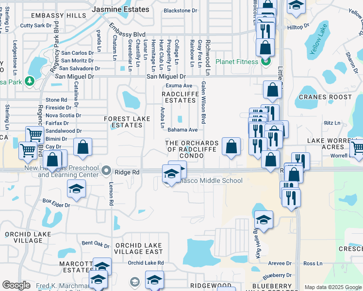 map of restaurants, bars, coffee shops, grocery stores, and more near 7838 Radcliffe Circle in Port Richey