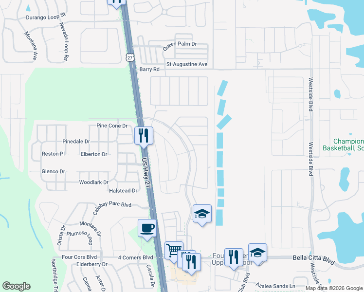 map of restaurants, bars, coffee shops, grocery stores, and more near 2362 Bella Vista Drive in Davenport