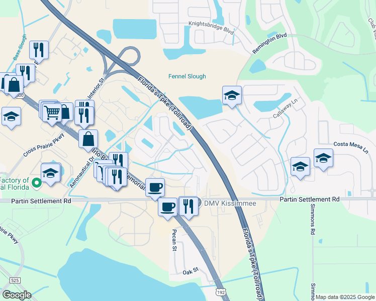 map of restaurants, bars, coffee shops, grocery stores, and more near 2540 Aventurine Street in Kissimmee