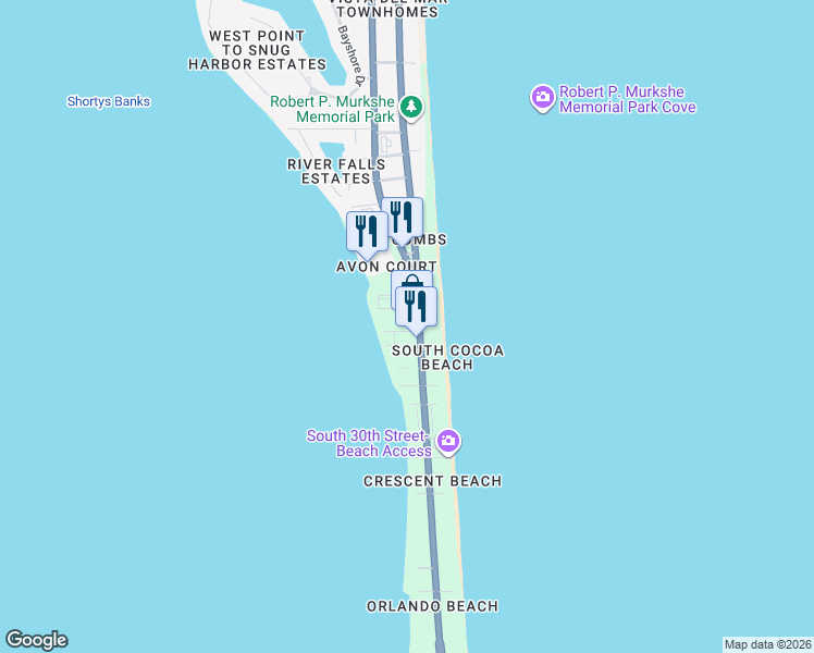 map of restaurants, bars, coffee shops, grocery stores, and more near 171 24th Street in Cocoa Beach