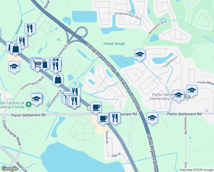 map of restaurants, bars, coffee shops, grocery stores, and more near 2520 Aventurine Street in Kissimmee