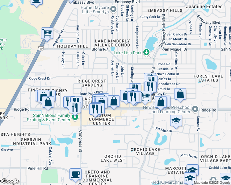 map of restaurants, bars, coffee shops, grocery stores, and more near 8616 Frontier Trail in Port Richey