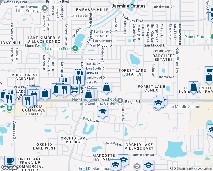 map of restaurants, bars, coffee shops, grocery stores, and more near 7321 Cay Drive in Port Richey