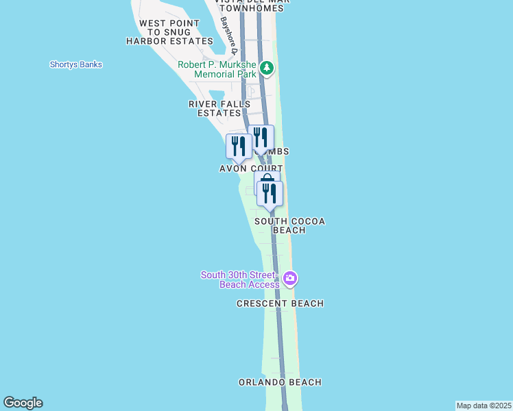 map of restaurants, bars, coffee shops, grocery stores, and more near 161 24th Street in Cocoa Beach