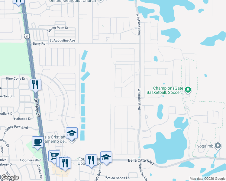 map of restaurants, bars, coffee shops, grocery stores, and more near Bella Citta in Kissimmee