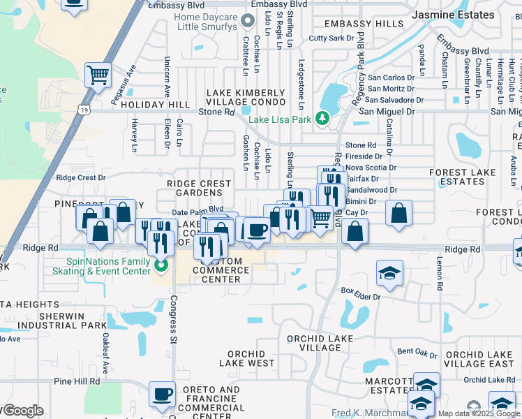 map of restaurants, bars, coffee shops, grocery stores, and more near 8616 Frontier Trail in Port Richey