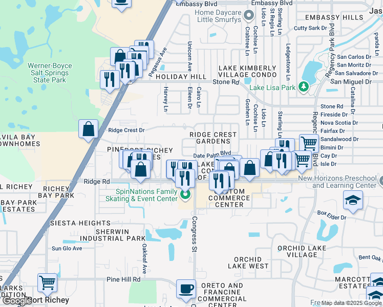 map of restaurants, bars, coffee shops, grocery stores, and more near 6445 Date Palm Boulevard in Port Richey
