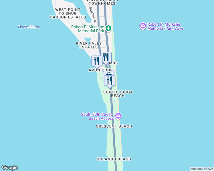 map of restaurants, bars, coffee shops, grocery stores, and more near 151 24th Street in Cocoa Beach