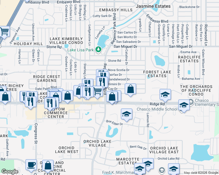 map of restaurants, bars, coffee shops, grocery stores, and more near 7131 Cay Drive in Port Richey