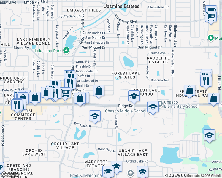 map of restaurants, bars, coffee shops, grocery stores, and more near 7427 Cay Drive in Port Richey