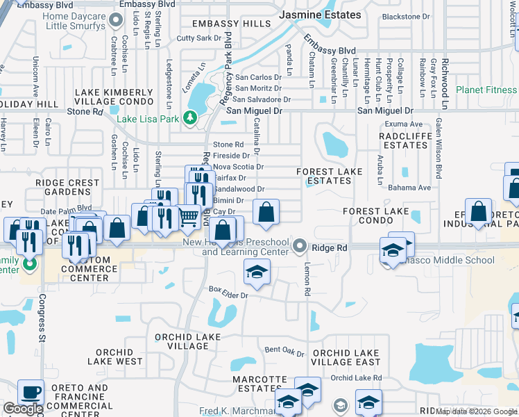 map of restaurants, bars, coffee shops, grocery stores, and more near 7321 Cay Drive in Port Richey