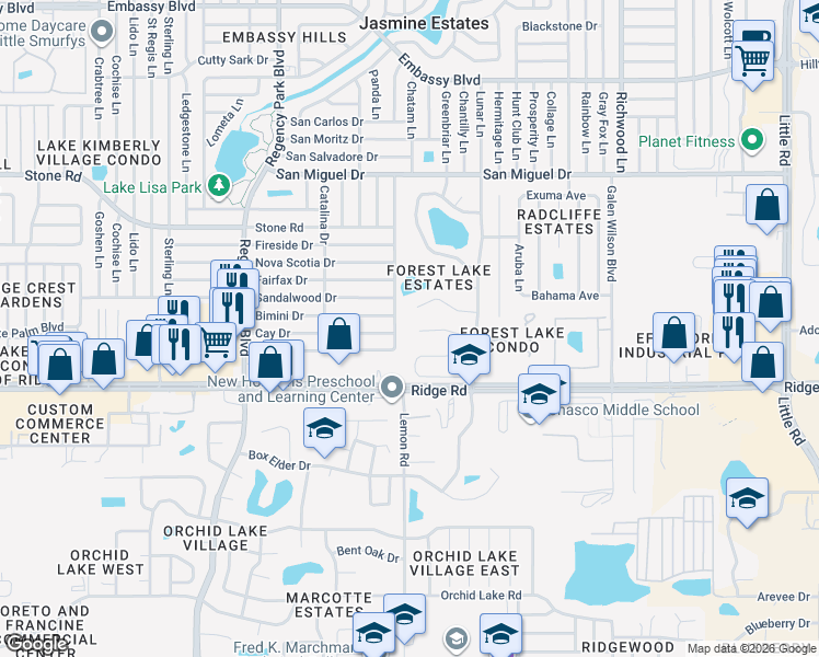 map of restaurants, bars, coffee shops, grocery stores, and more near 7511 Tall Tree Court in Port Richey