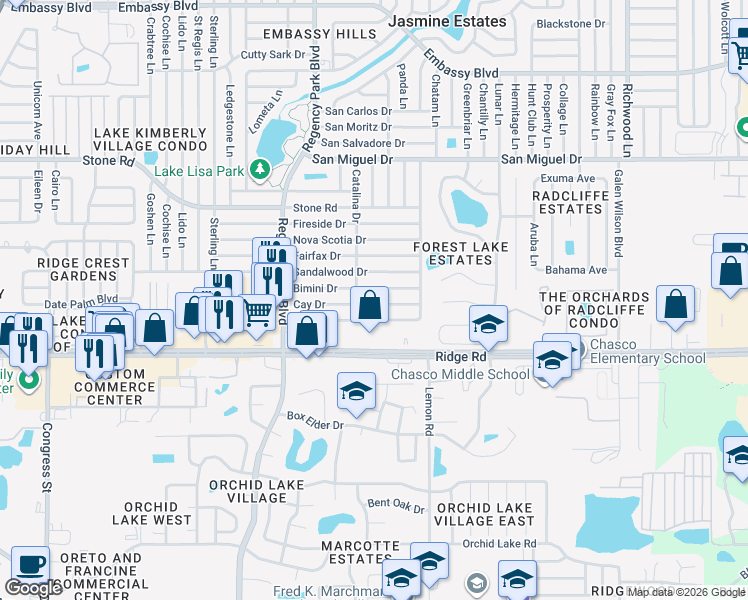 map of restaurants, bars, coffee shops, grocery stores, and more near 7321 Cay Drive in Port Richey