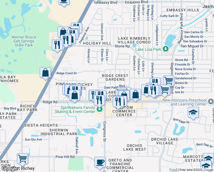 map of restaurants, bars, coffee shops, grocery stores, and more near 8620 Congress Street in Port Richey