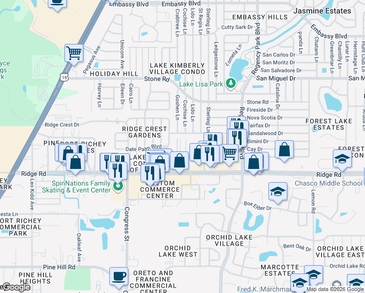 map of restaurants, bars, coffee shops, grocery stores, and more near 8618 Frontier Trail in Port Richey