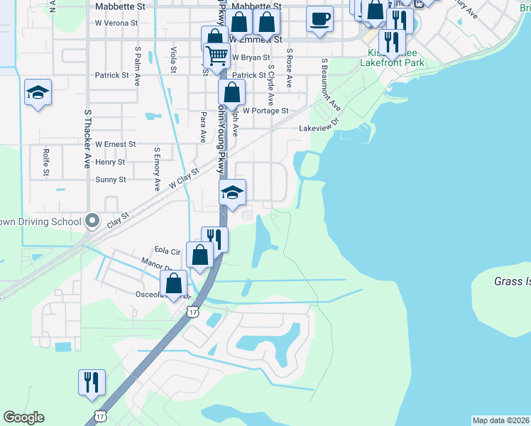 map of restaurants, bars, coffee shops, grocery stores, and more near 1000 South Clyde Avenue in Kissimmee