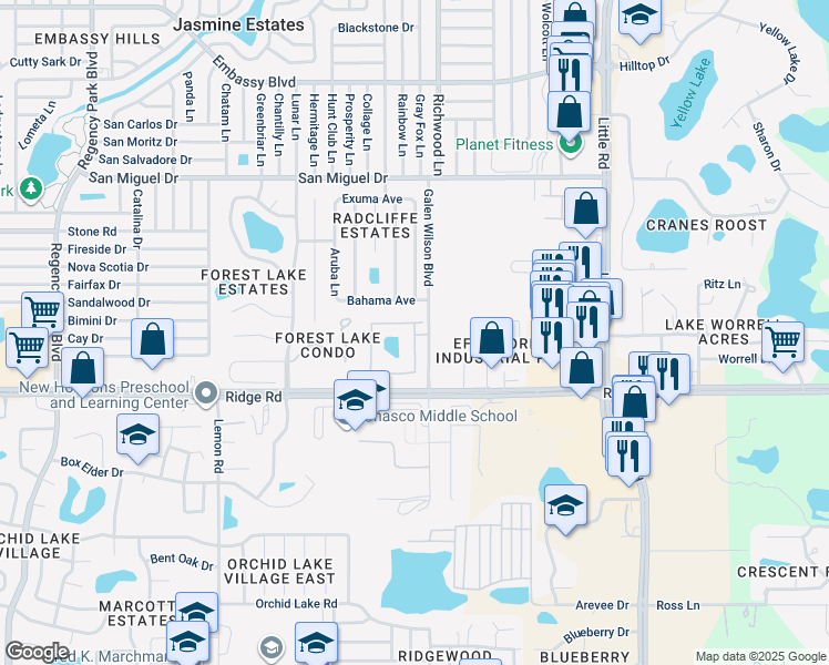 map of restaurants, bars, coffee shops, grocery stores, and more near 4235 Radcliffe Circle in Port Richey
