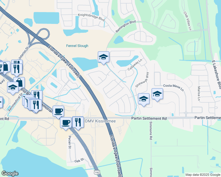 map of restaurants, bars, coffee shops, grocery stores, and more near 2713 Lucas Lakes Lane in Kissimmee