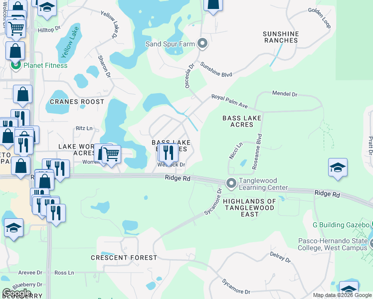 map of restaurants, bars, coffee shops, grocery stores, and more near 8624 Brookwood Drive in New Port Richey