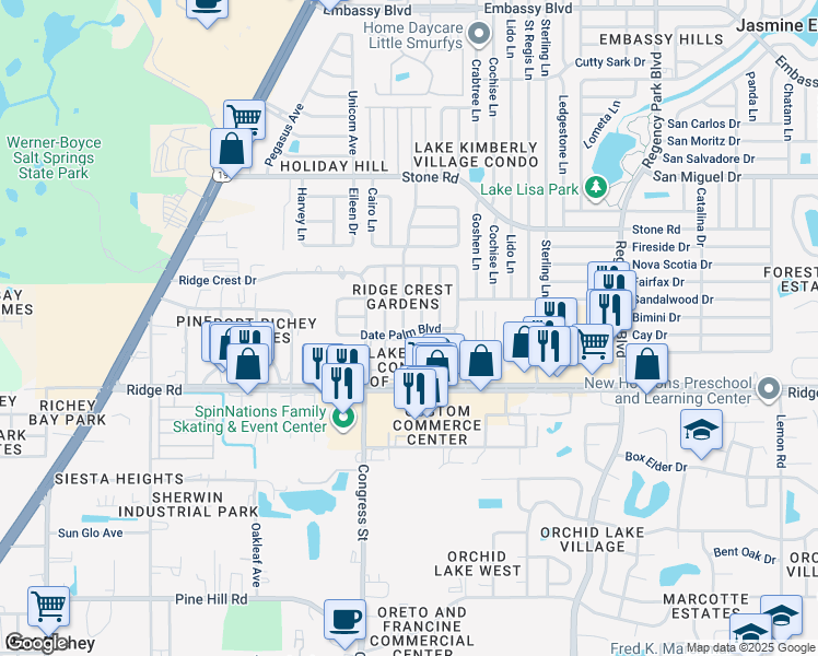 map of restaurants, bars, coffee shops, grocery stores, and more near 8620 Roble Way in Port Richey