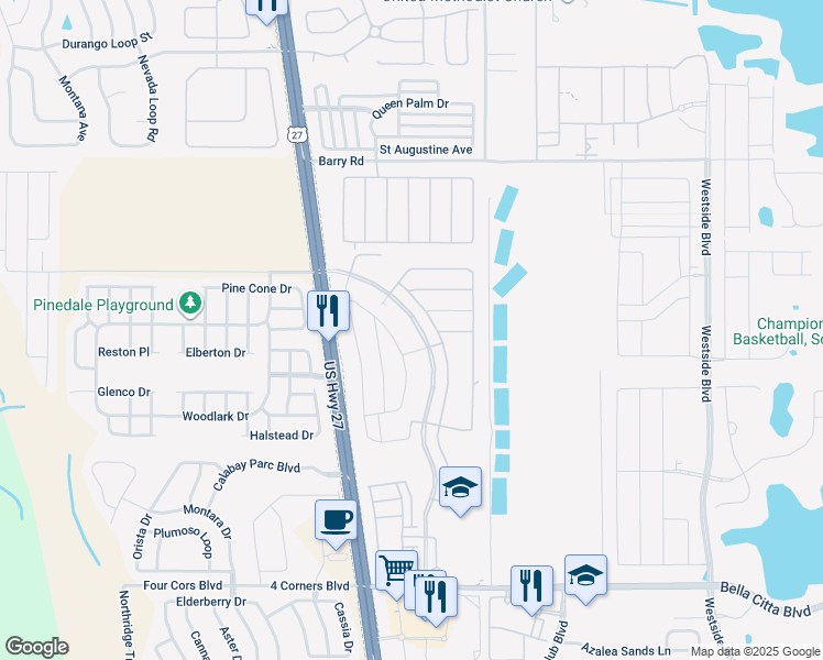 map of restaurants, bars, coffee shops, grocery stores, and more near 2362 Bella Vista Drive in Davenport