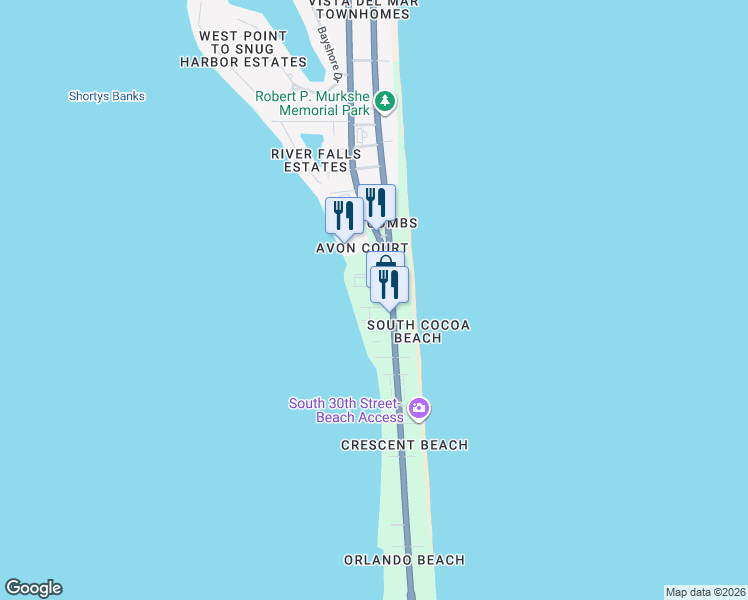 map of restaurants, bars, coffee shops, grocery stores, and more near 161 24th Street in Cocoa Beach