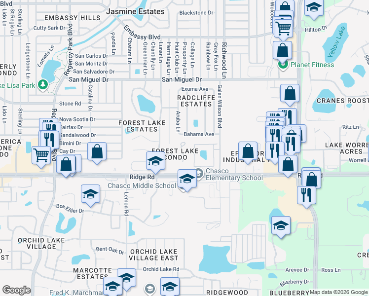 map of restaurants, bars, coffee shops, grocery stores, and more near 8626 Shadblow Court in Port Richey