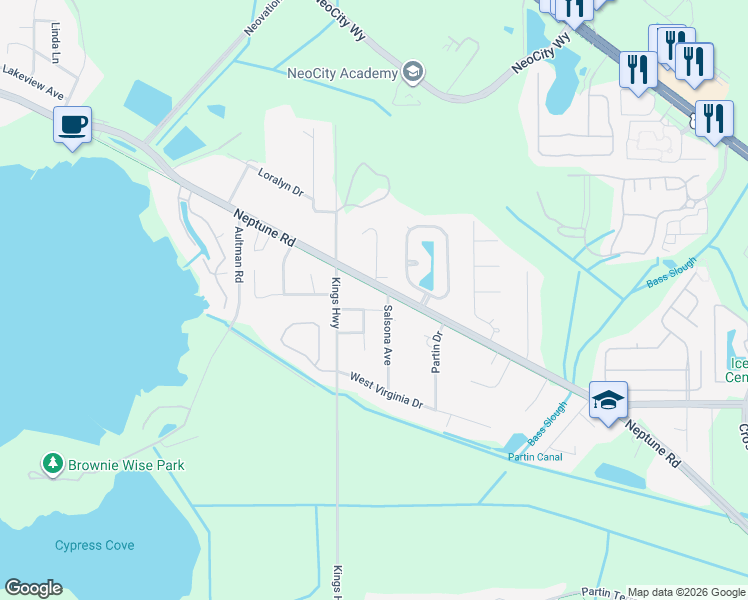 map of restaurants, bars, coffee shops, grocery stores, and more near 1748 Neptune Road in Kissimmee